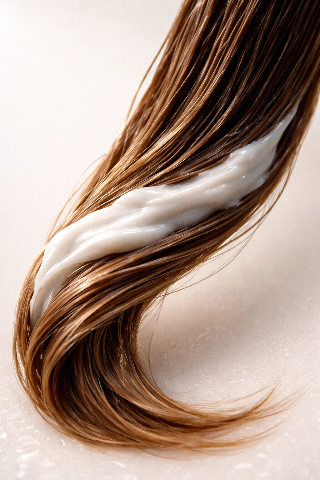 Hair strand with conditioner applied on mid-lengths and ends, clearly showing proper usage.