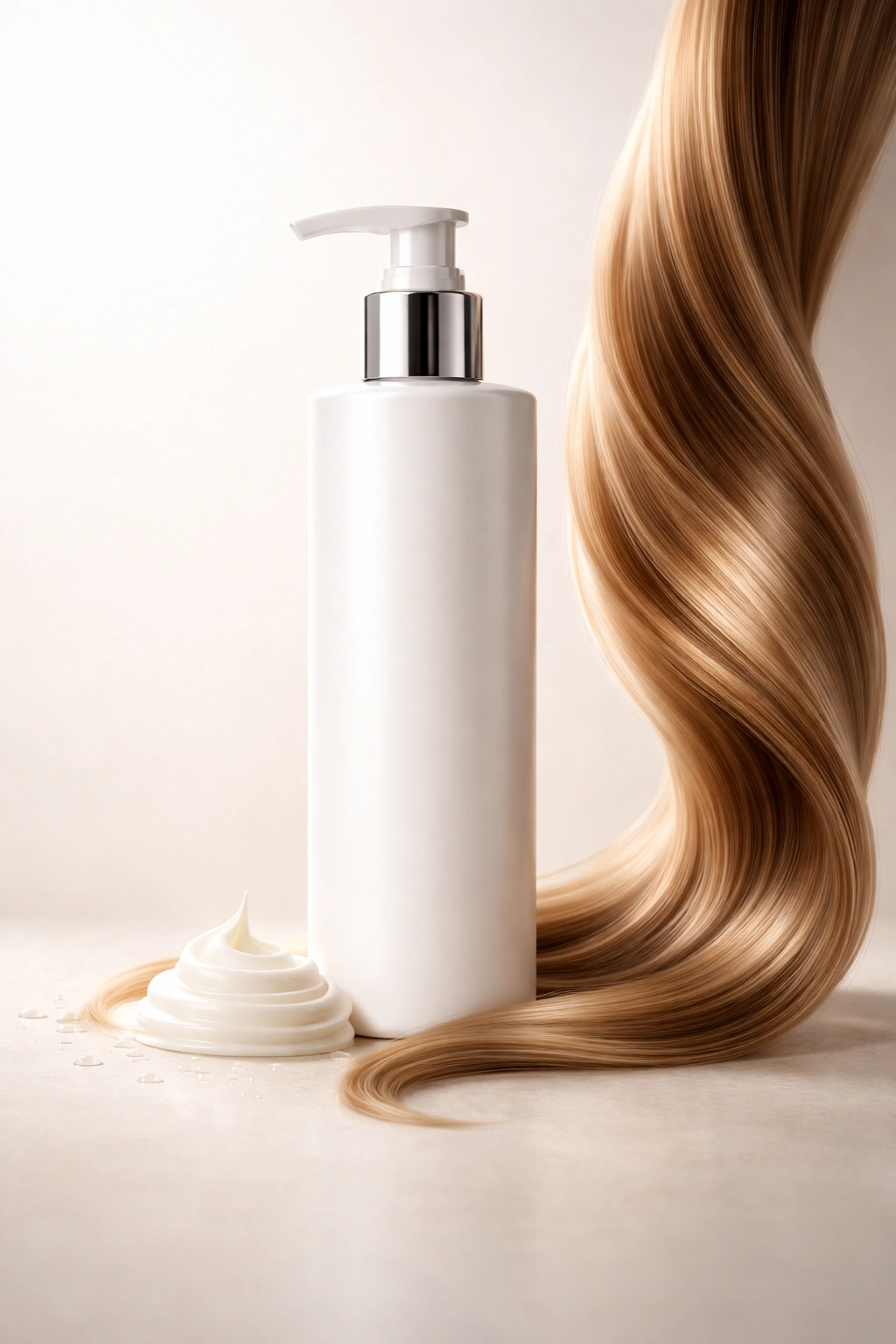 Conditioner bottle with healthy shiny hair illustrating moisture and protection