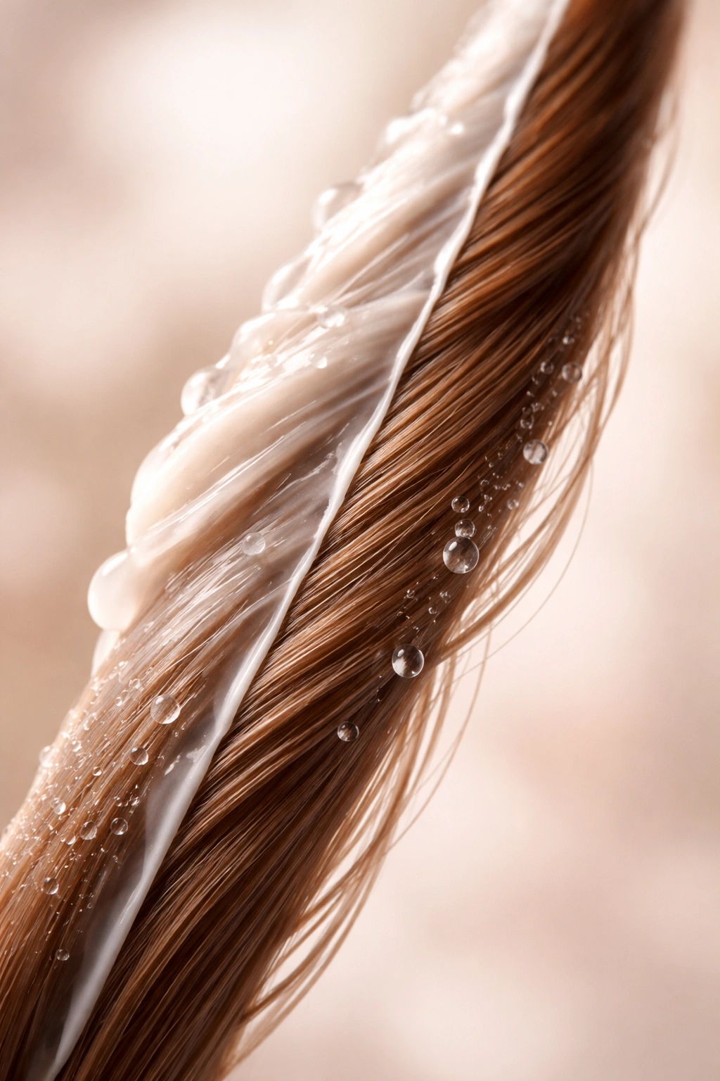 Hair strand showing heavy rinse-out film vs light leave-in film