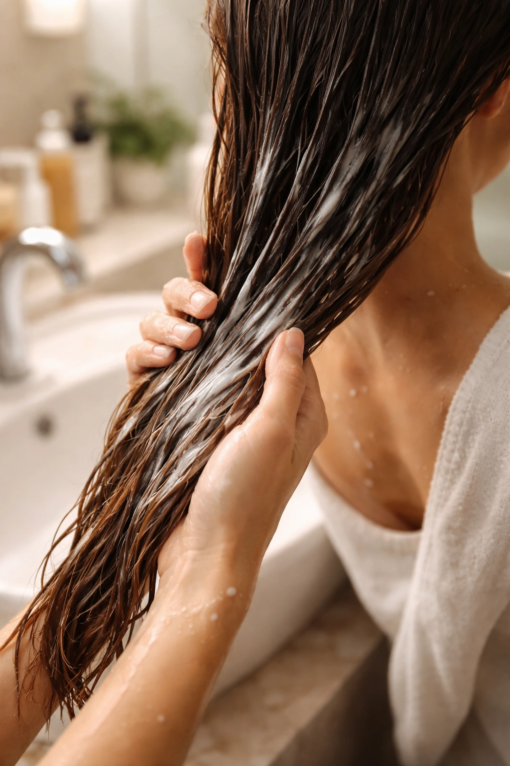 Close-up of hands applying conditioner to damp hair in a bathroom