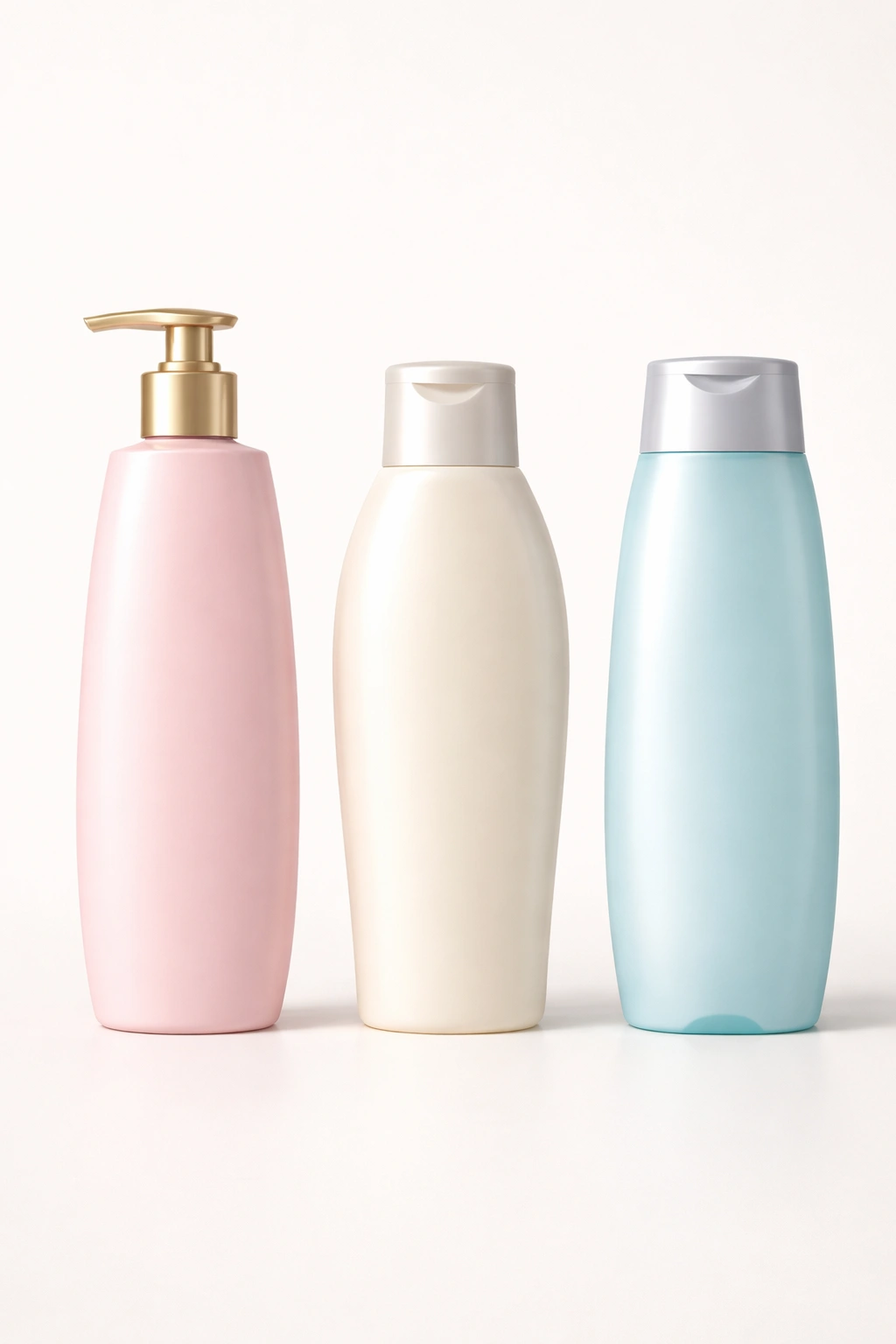 Row of three conditioner bottles on plain background illustrating conditioner types