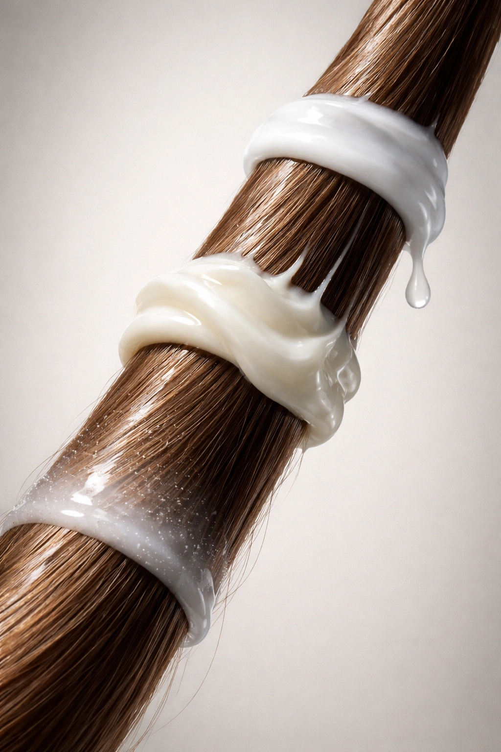 Hair strand with three distinct glossy coatings representing conditioner types