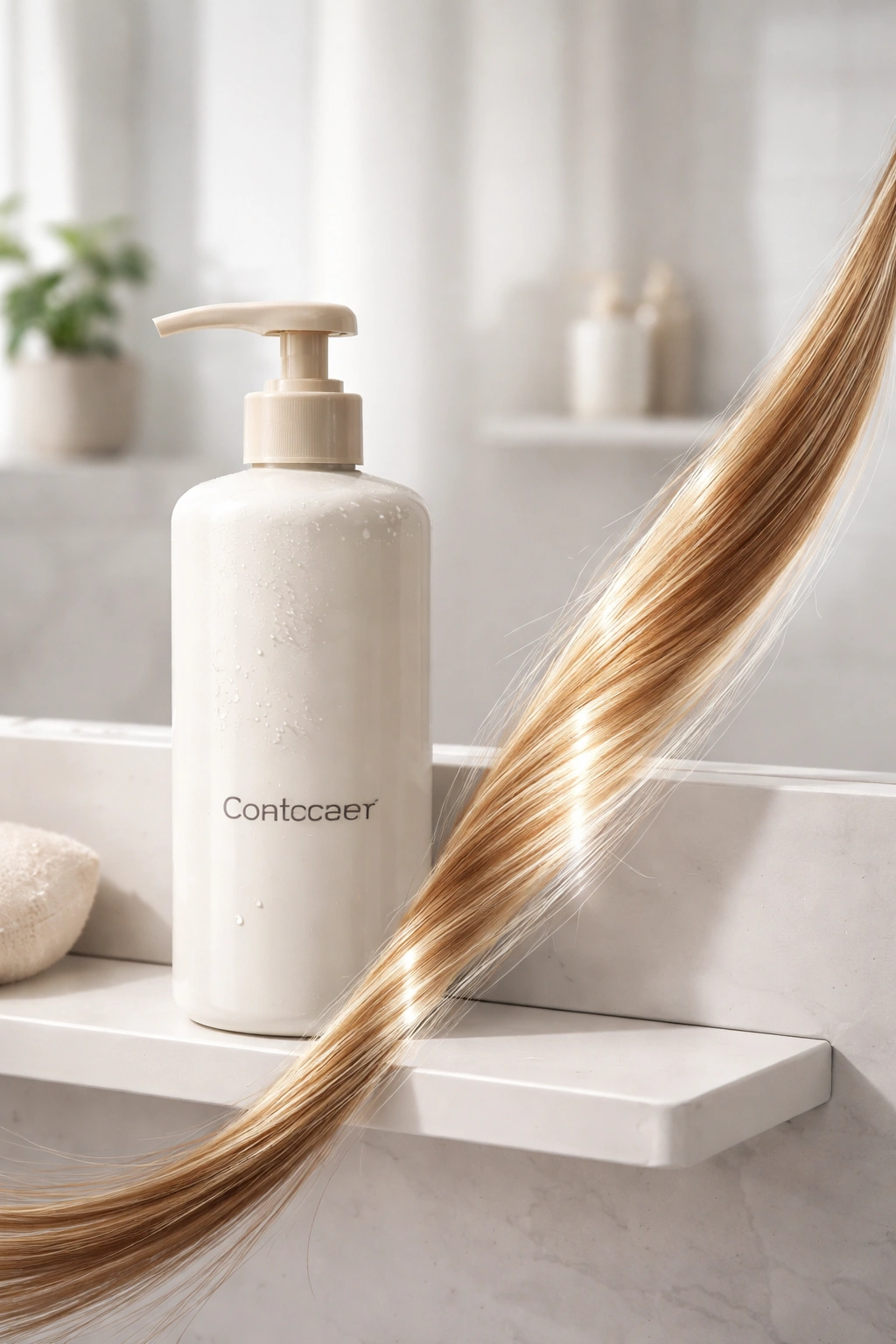 Close-up of conditioner bottle with hair strand showing shine variation for conditioning frequency