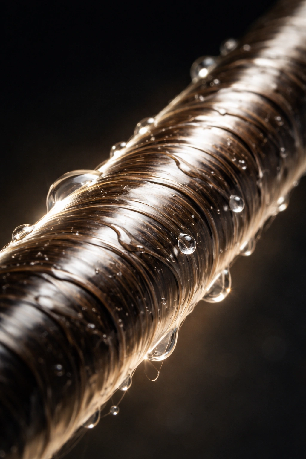 Close-up of a single hair strand with a glossy conditioning coating