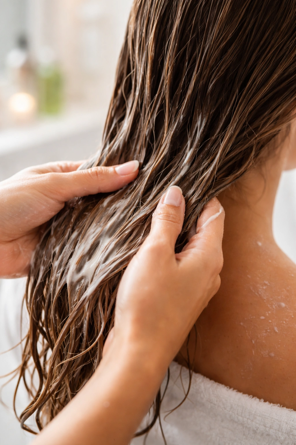 Close-up of fingers applying conditioner from mid-lengths to ends on damp hair