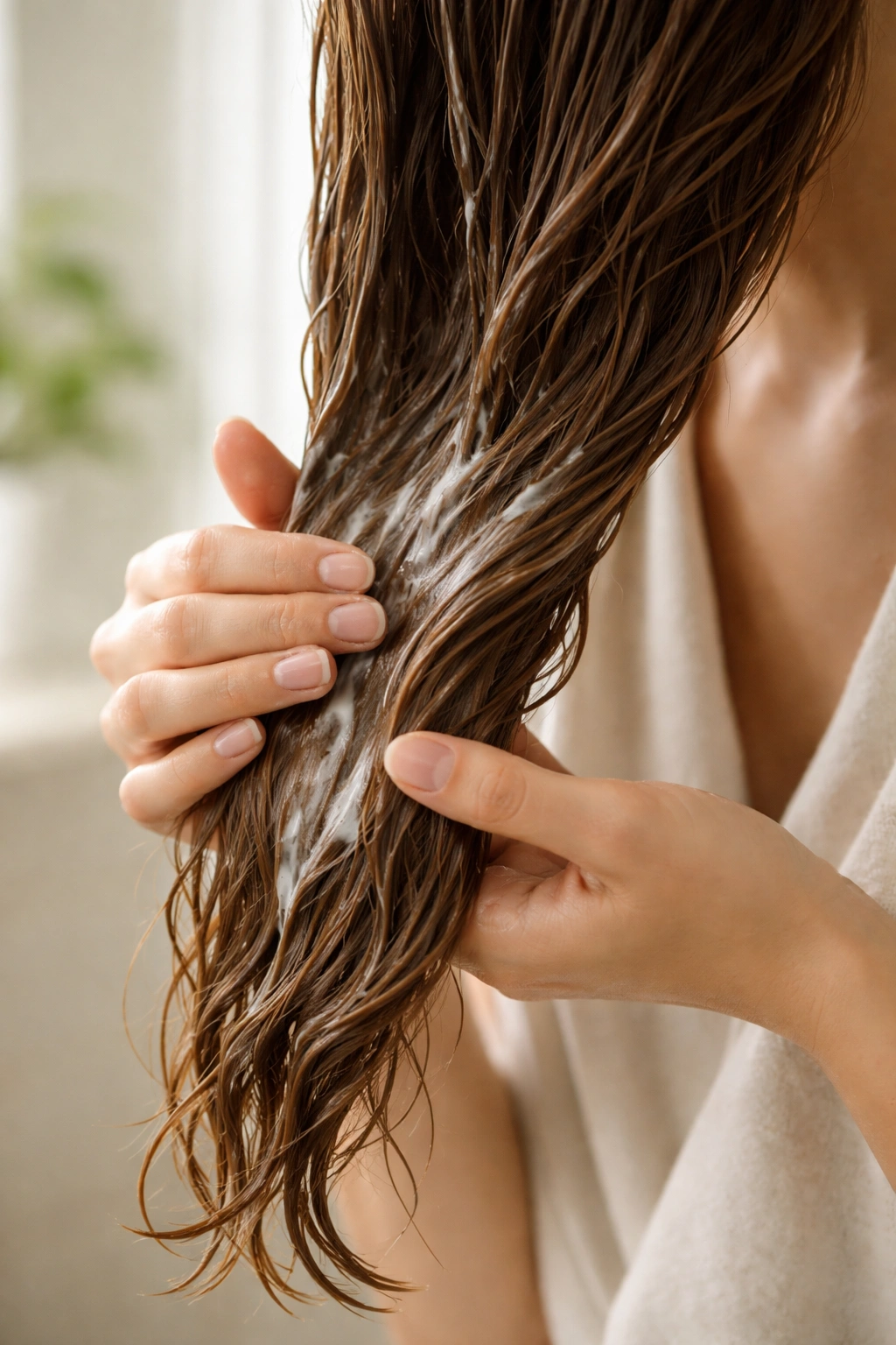 Close-up of hands applying conditioner to mid-lengths and ends of damp hair