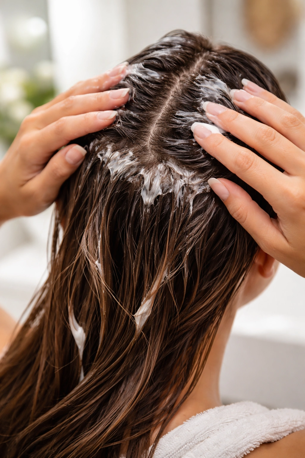 Conditioner massaging into glued hair sections for gentle removal.