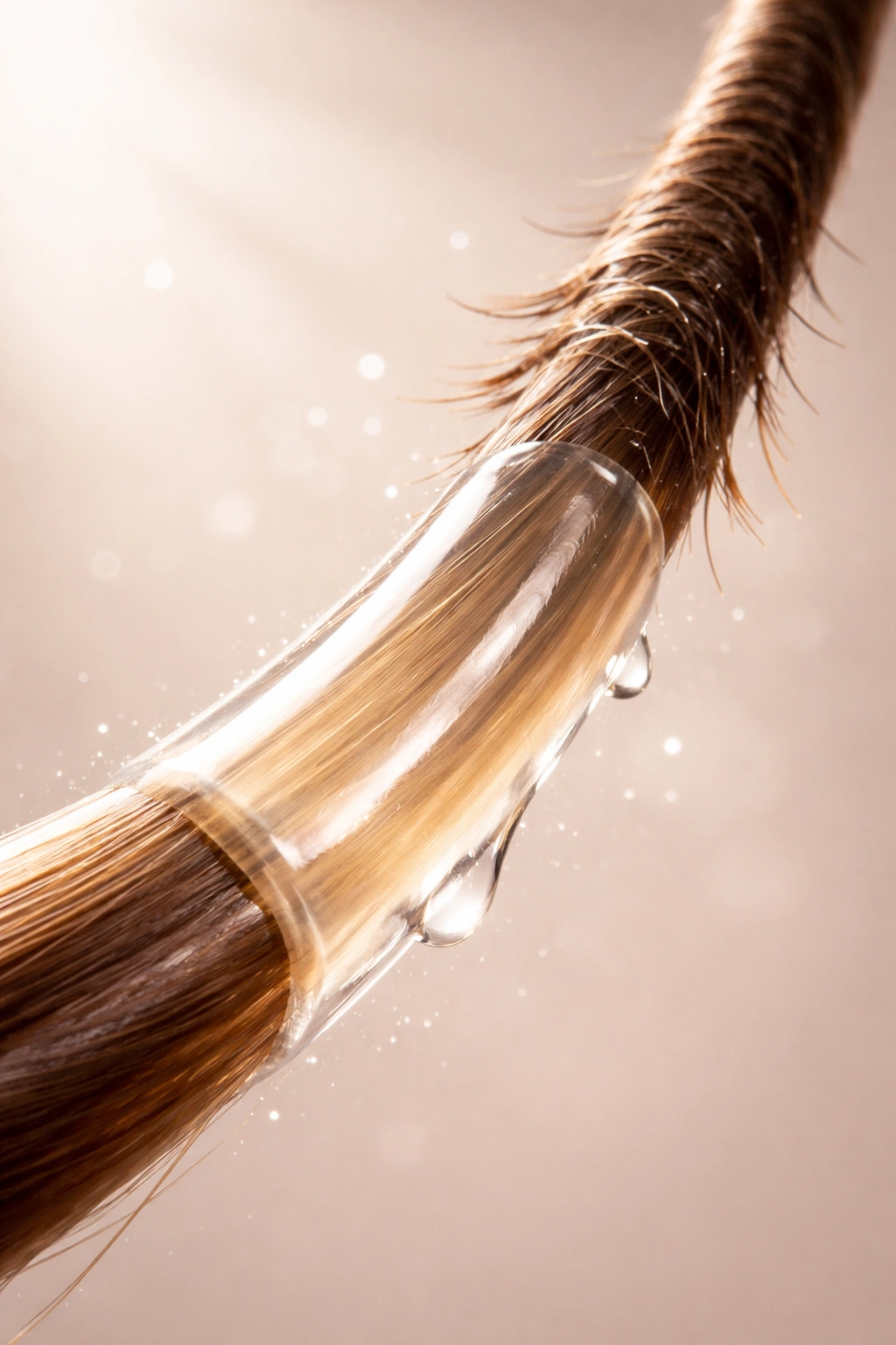 Hair strand with glossy conditioner layer indicating repair