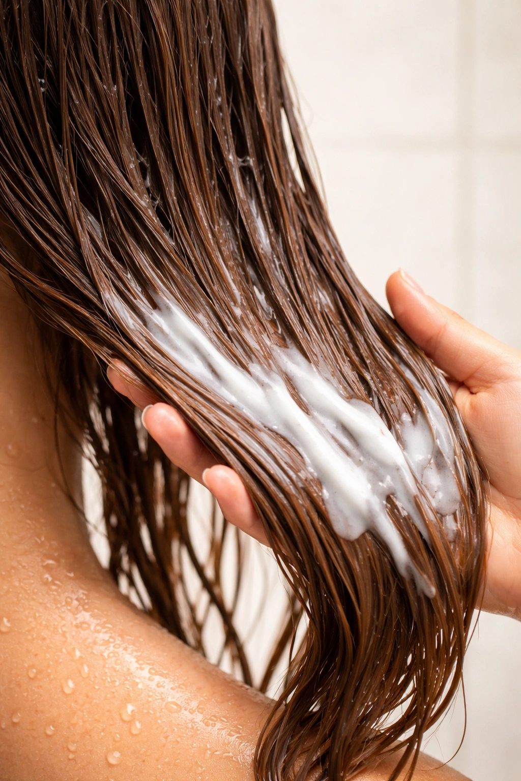 Damp hair strand with conditioner distributed on lengths and ends