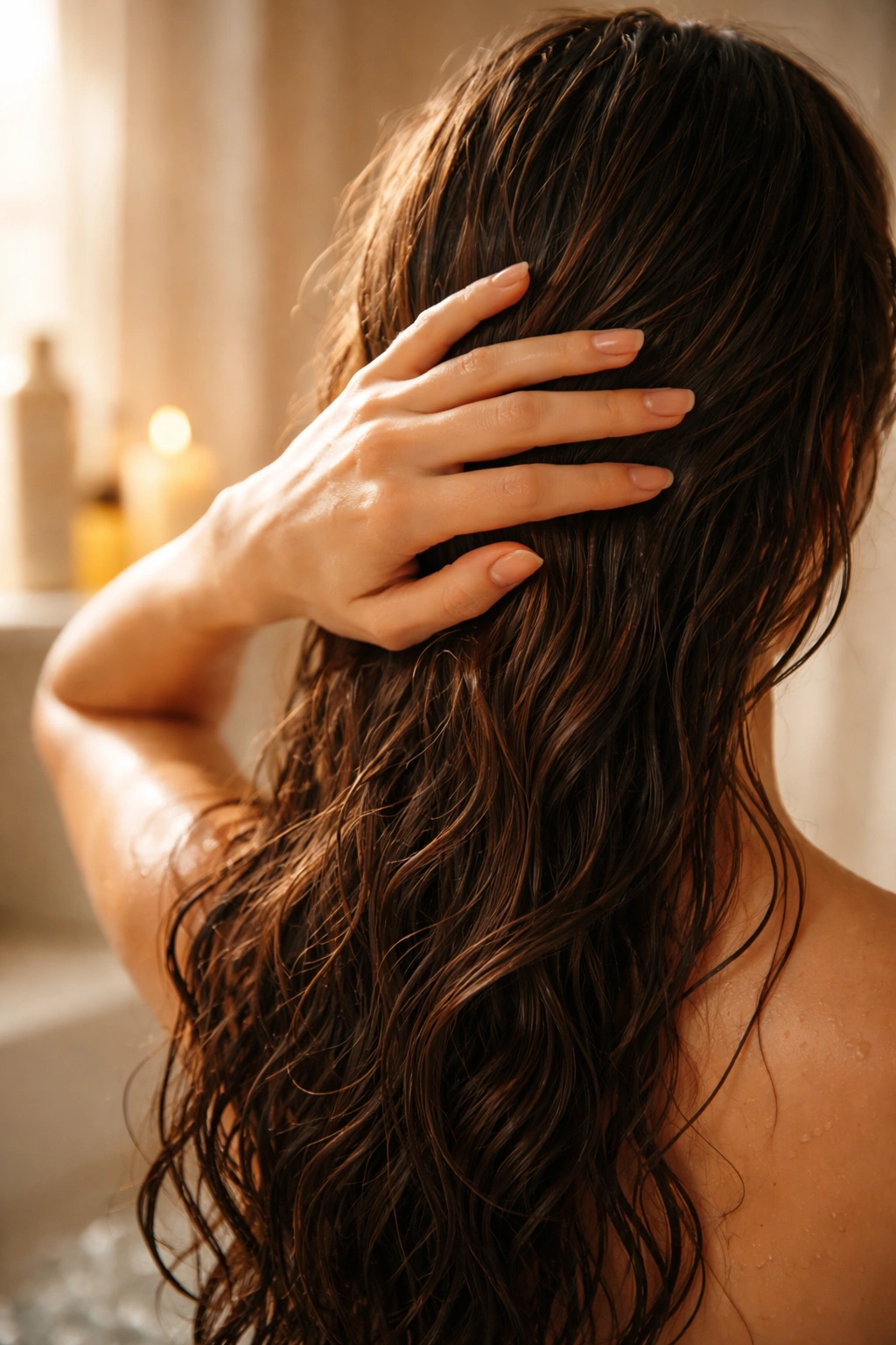 Close-up of a hand running through hair in a dim bathroom, suggesting final thoughts on conditioning.