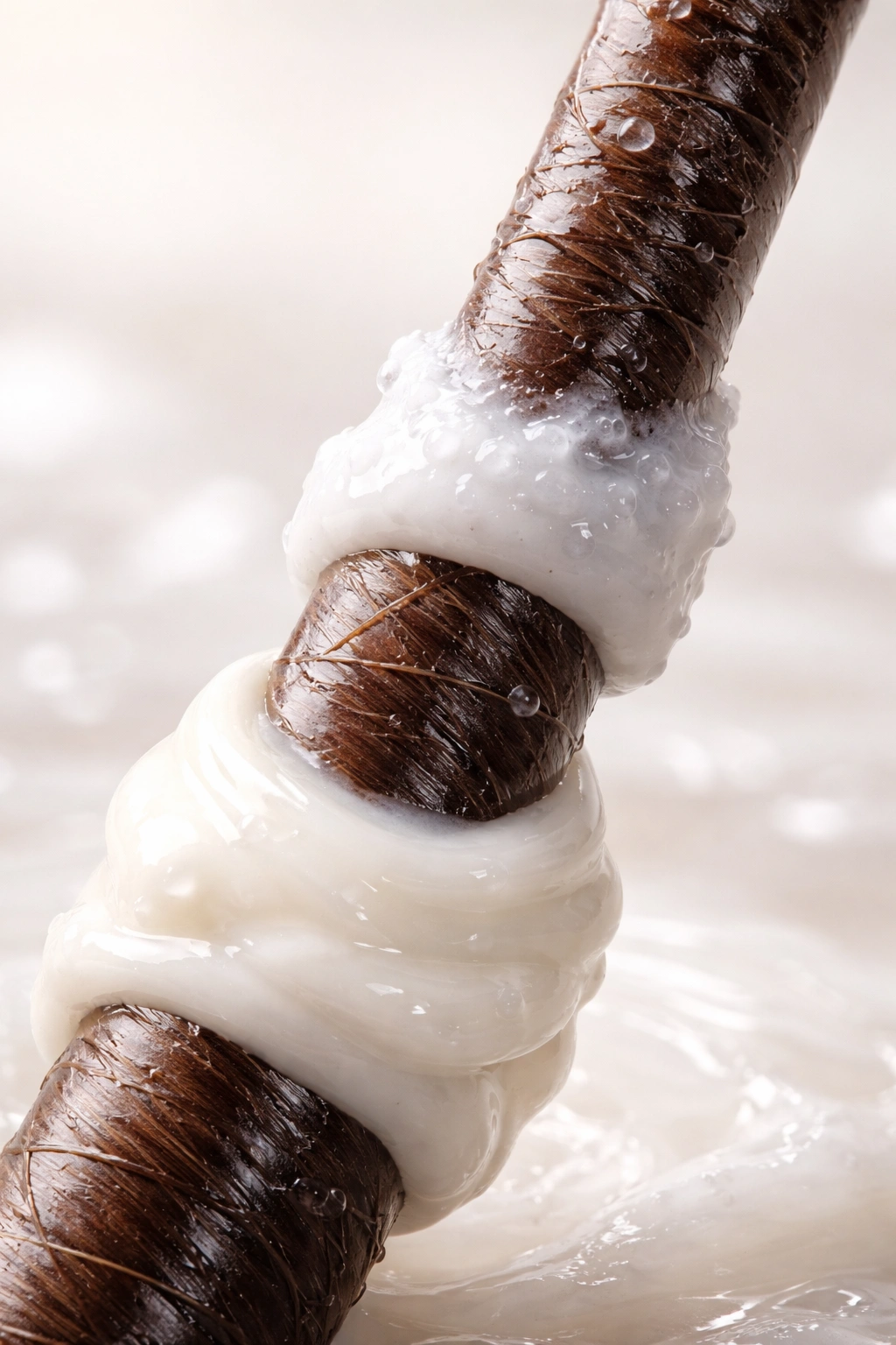 Hair strand with two conditioner layers illustrating different dwell times
