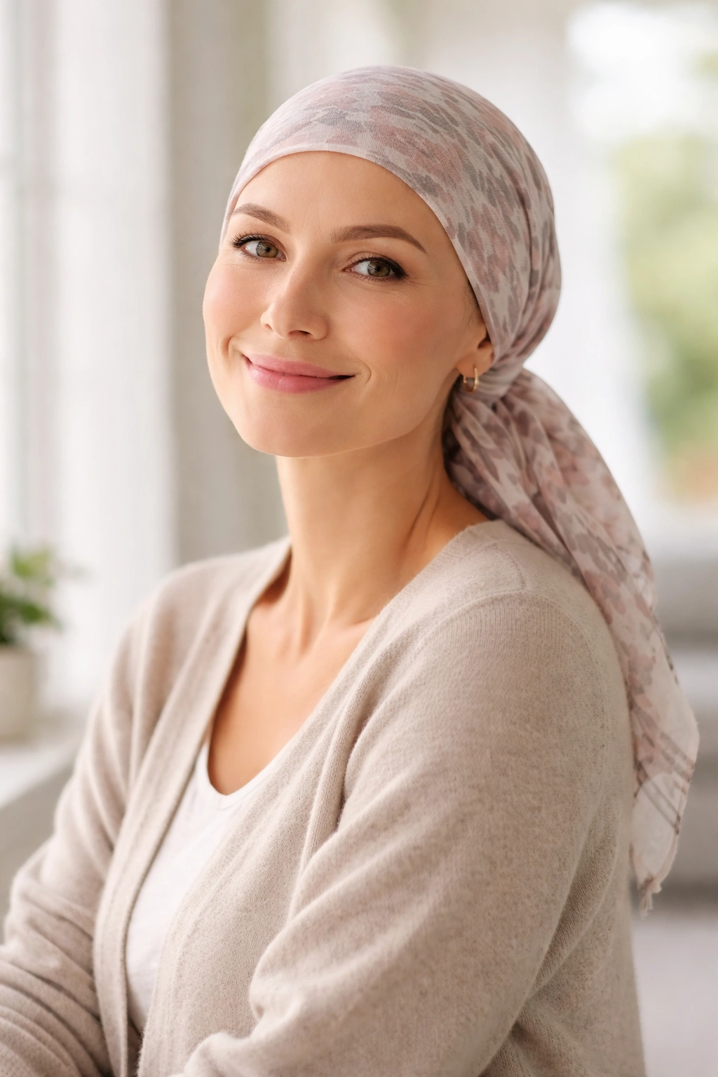 Portrait of a person wearing a headscarf with a confident, calm expression