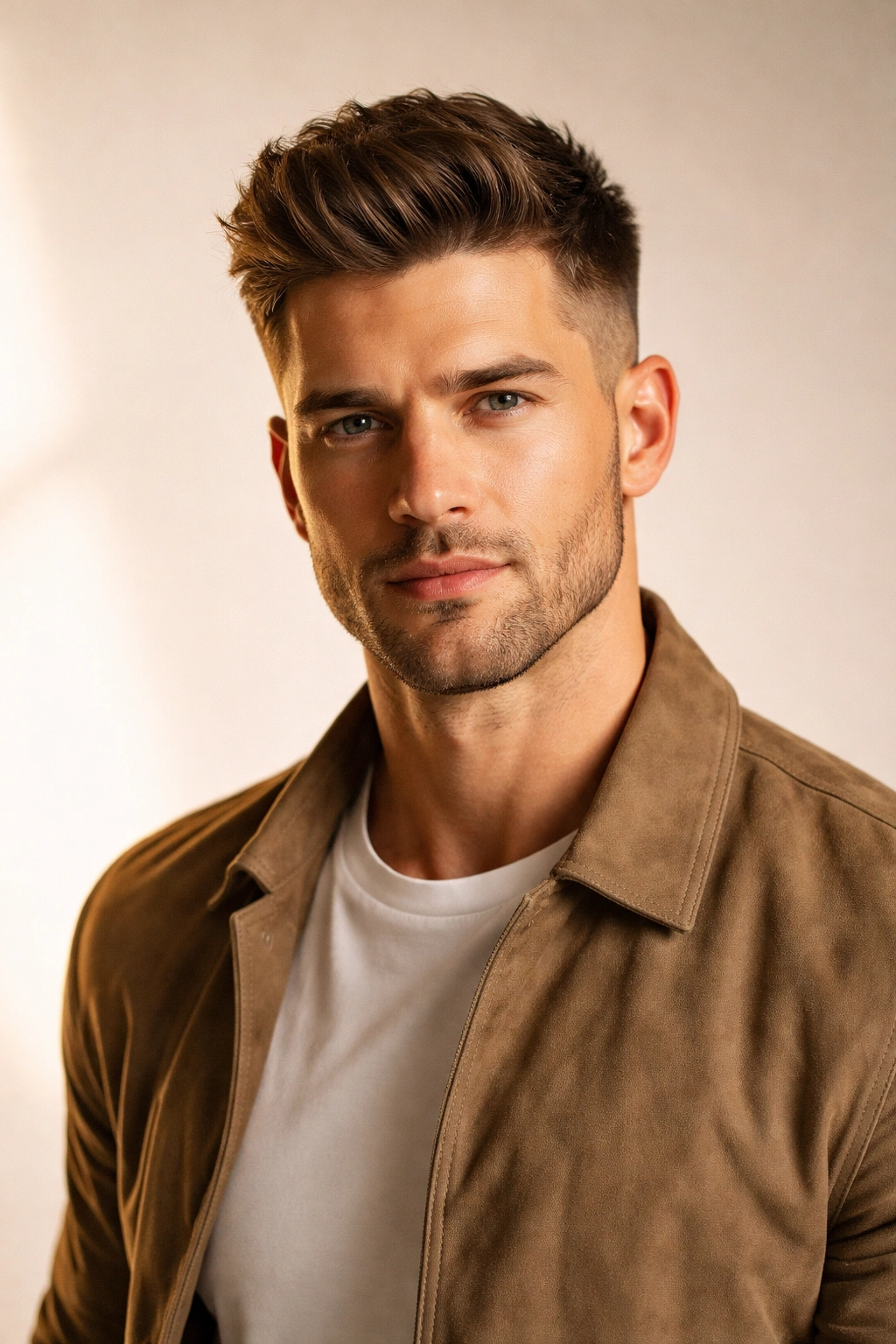 Confident man with balanced haircut in a clean portrait setting