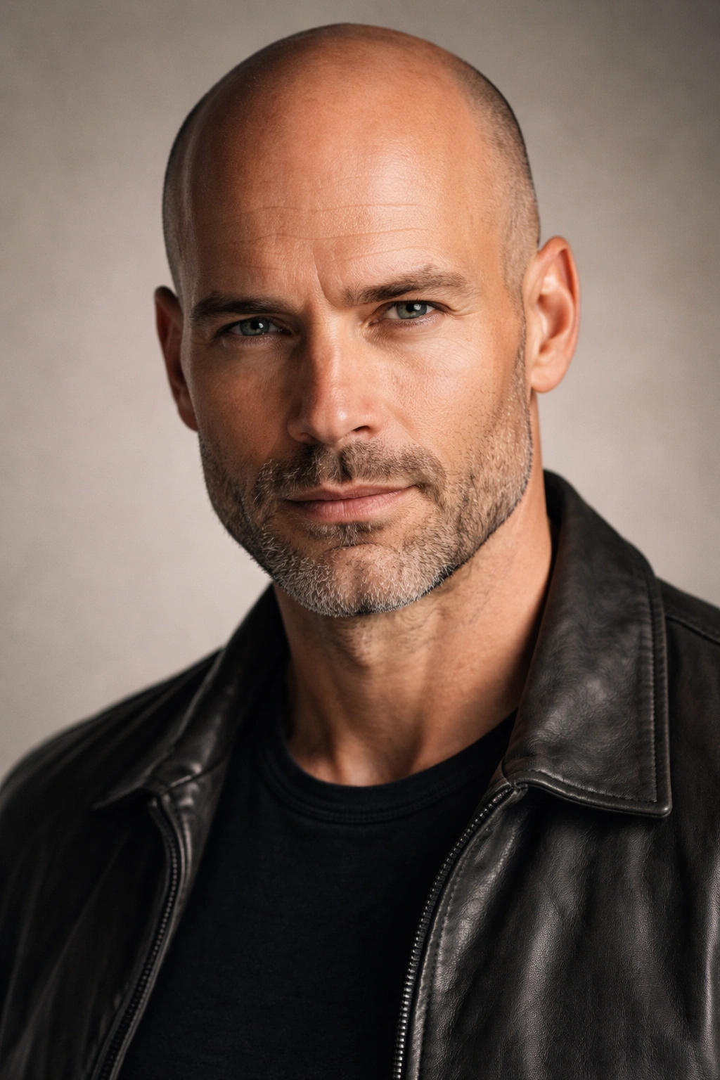Close-up portrait of a confident balding man emphasizing facial structure