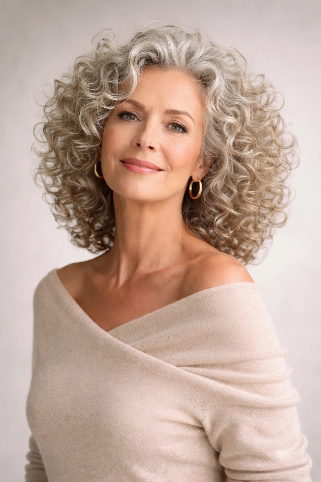 Confident mature woman with curly hair standing proudly in a studio