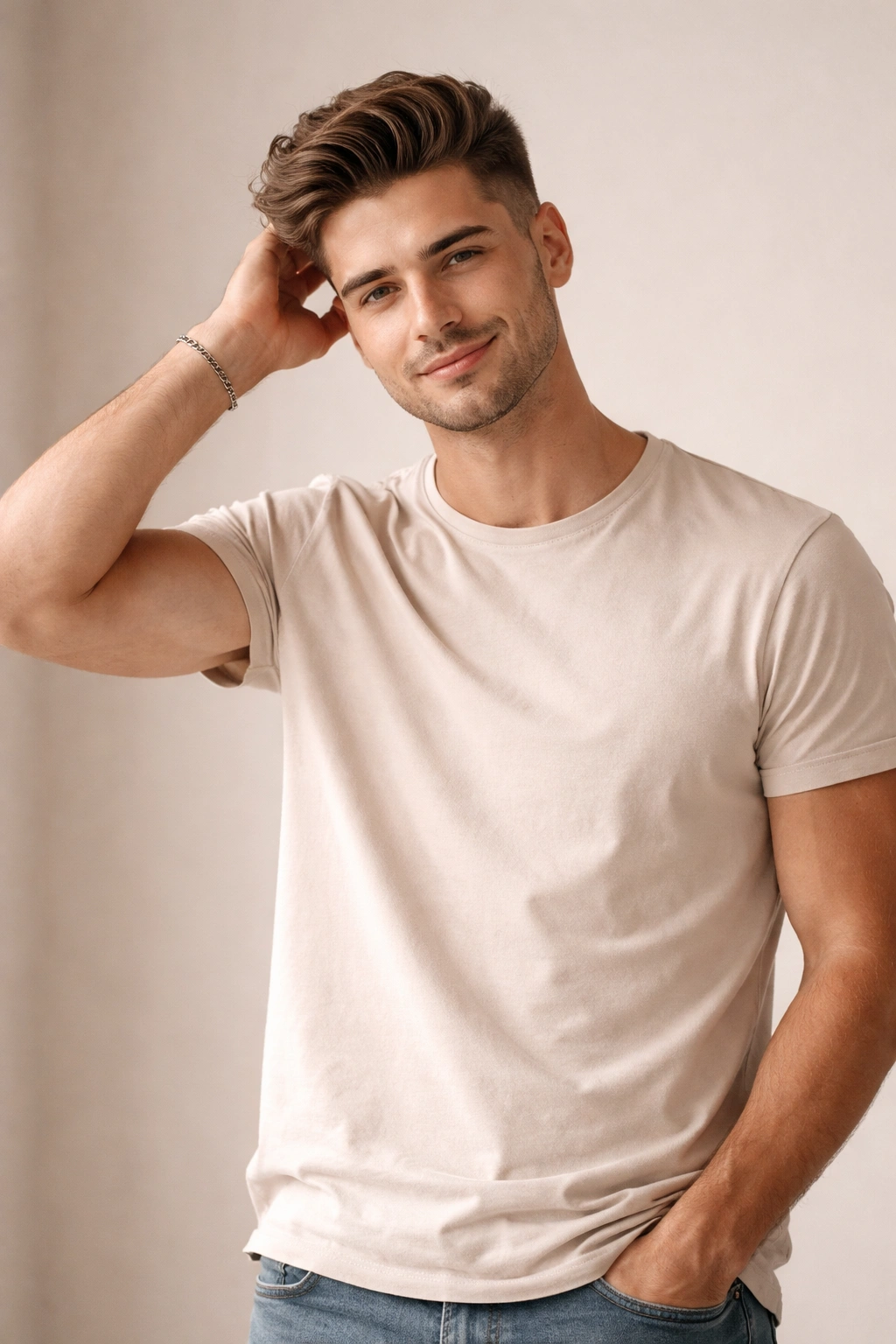 Confident man with fresh hairstyle in a simple studio, ready to wrap up