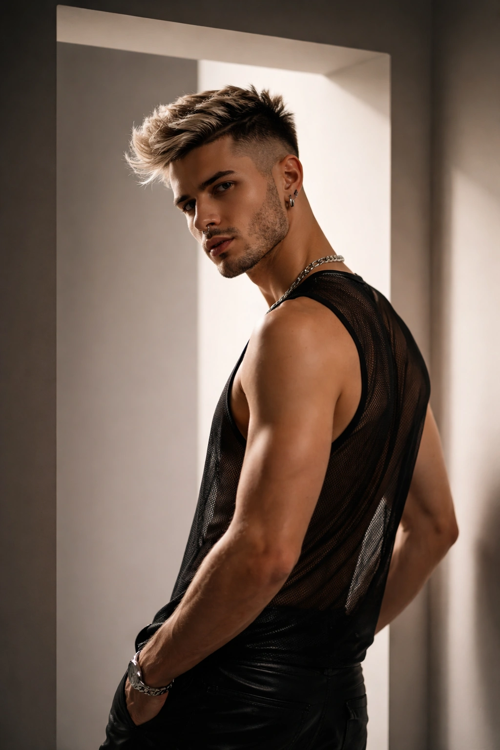 Confident person with bold haircut standing in a doorway.