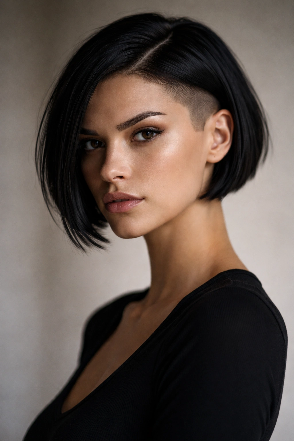 10 Shaved Bob Haircuts With An Effortless Edge 15 Portrait of a confident person with a bold shaved bob against a neutral backdrop