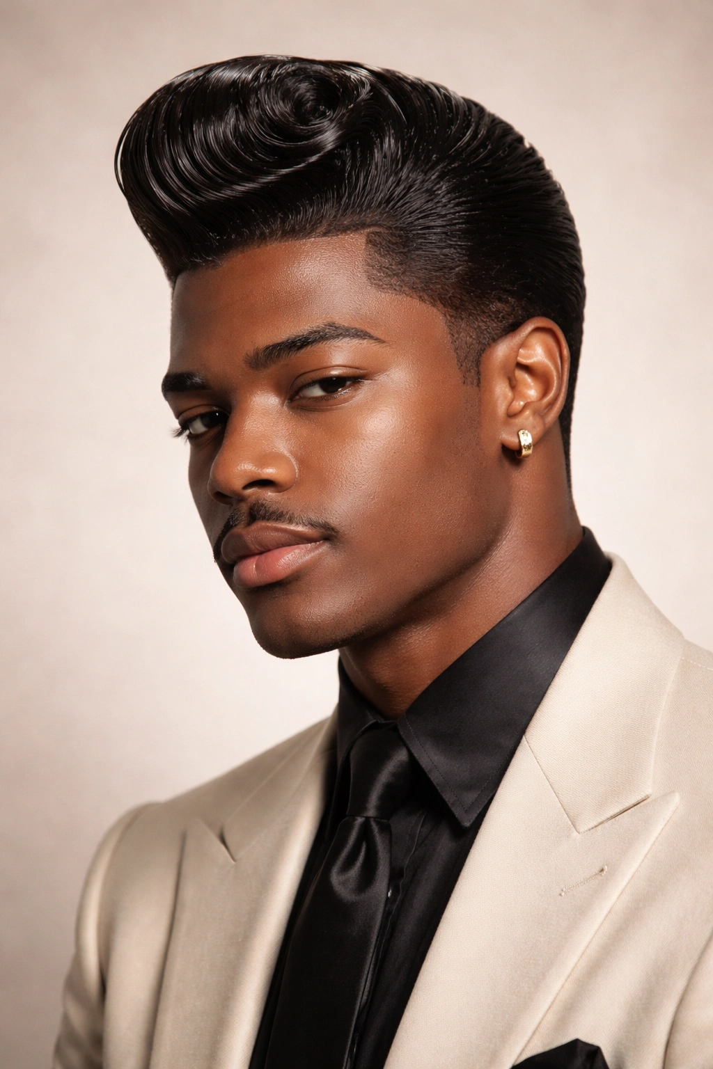 Close-up of a head with conked hair, a tall smooth hairstyle from the 1950s