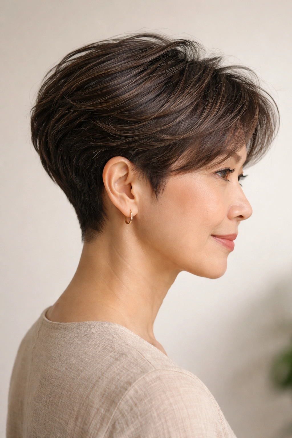Side-profile of a connected undercut hairstyle showing top length blending into shorter underneath.