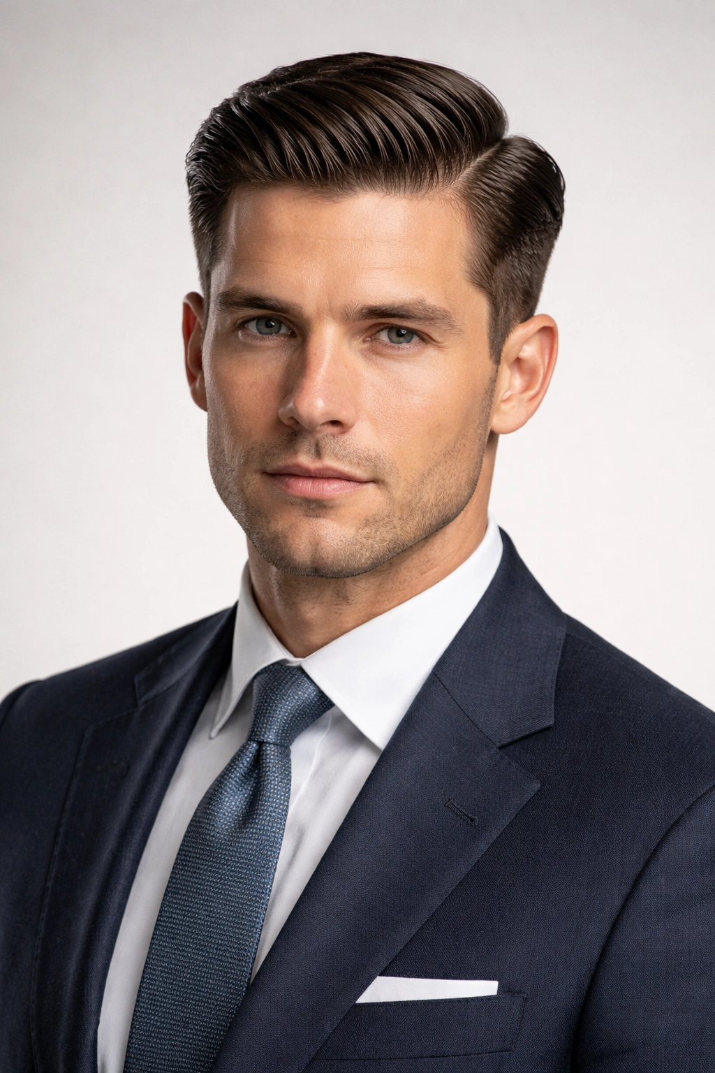 Portrait of a man with crisp side part and tapered sides, representing conservative business cut