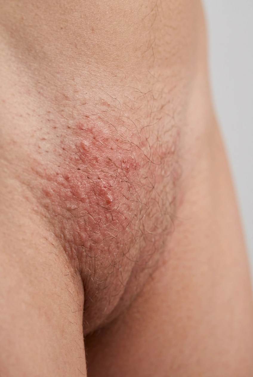 Pubic skin irritated by dermatitis with red patch