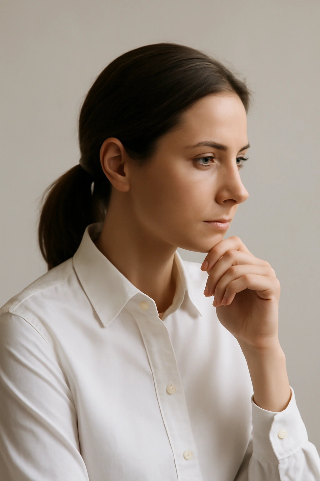 10 Hairstyles That Go With A Button Down Shirt 11 Contemplative person in a crisp button-down, evoking final thoughts.