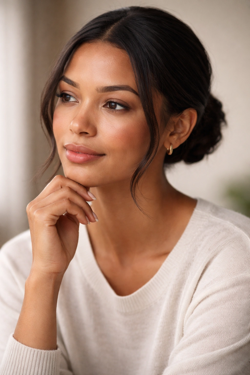 Thoughtful portrait contemplating hairstyle choices