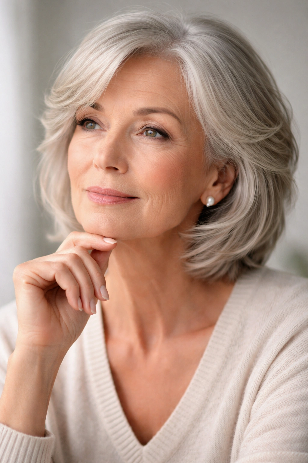 Contemplative mature woman portrait reflecting on hairstyle choices in a studio