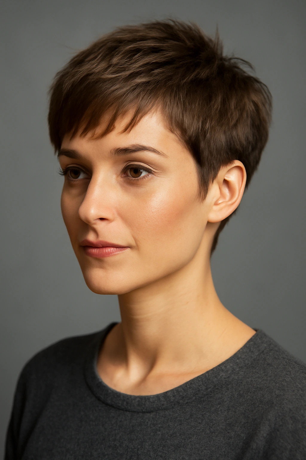 20 Pixie Cuts Sorted By Age And Face Shape 15 Portrait of a person with a contoured pixie featuring face-framing layers