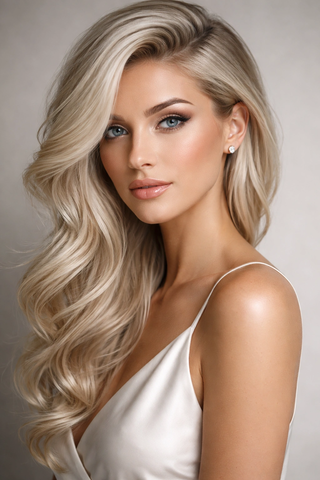 Portrait of cool platinum hair swept to the side