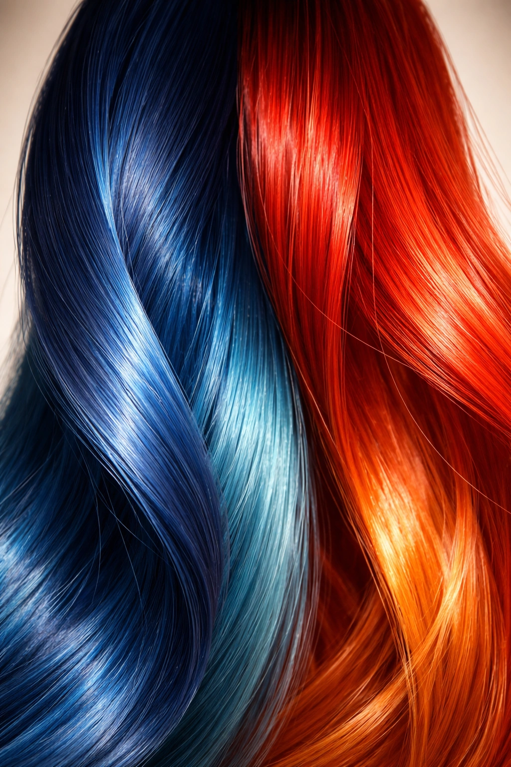 Hair strands showing cool blue and warm red semi-permanent tones