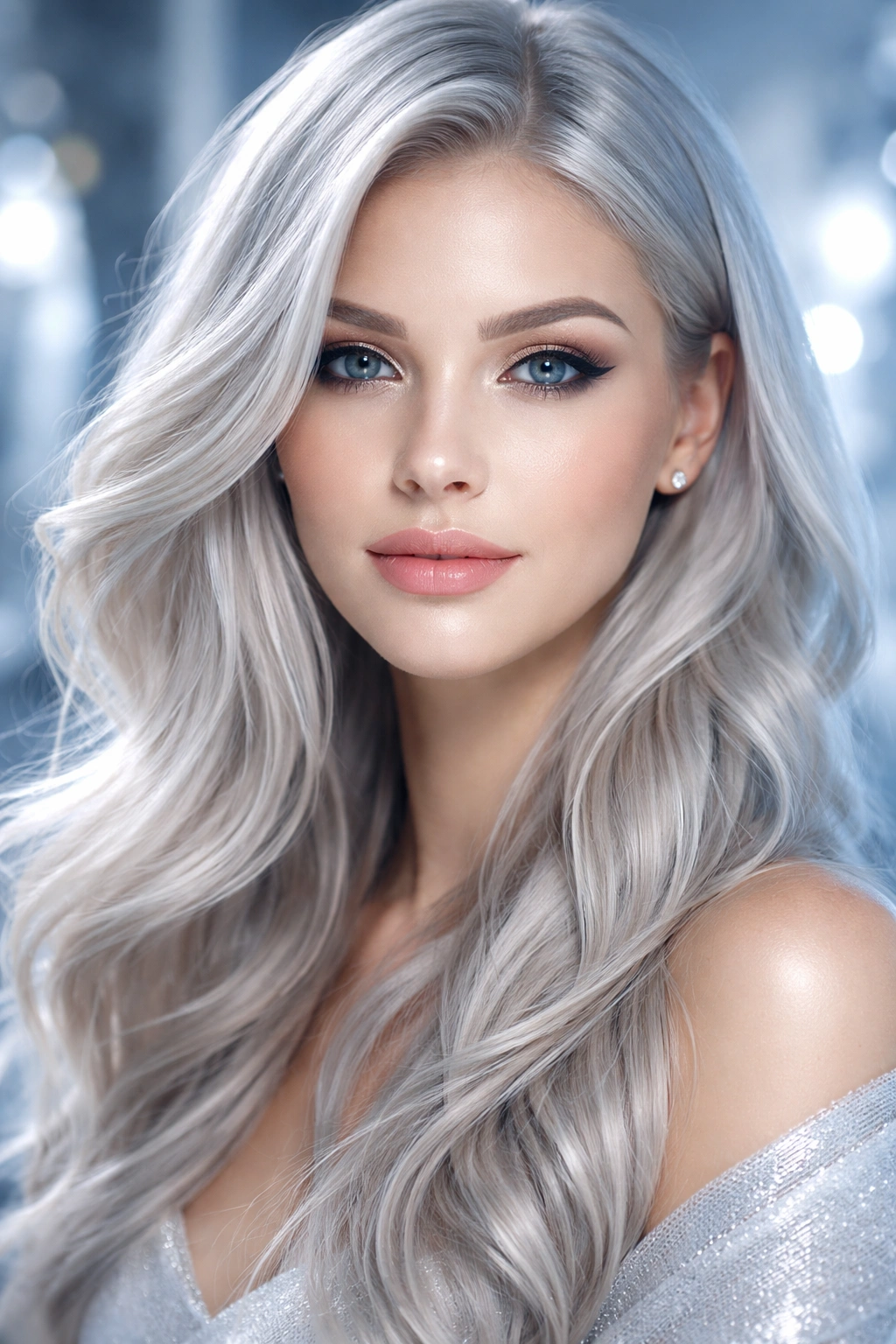 Portrait of a person with platinum ash hair under cool lighting