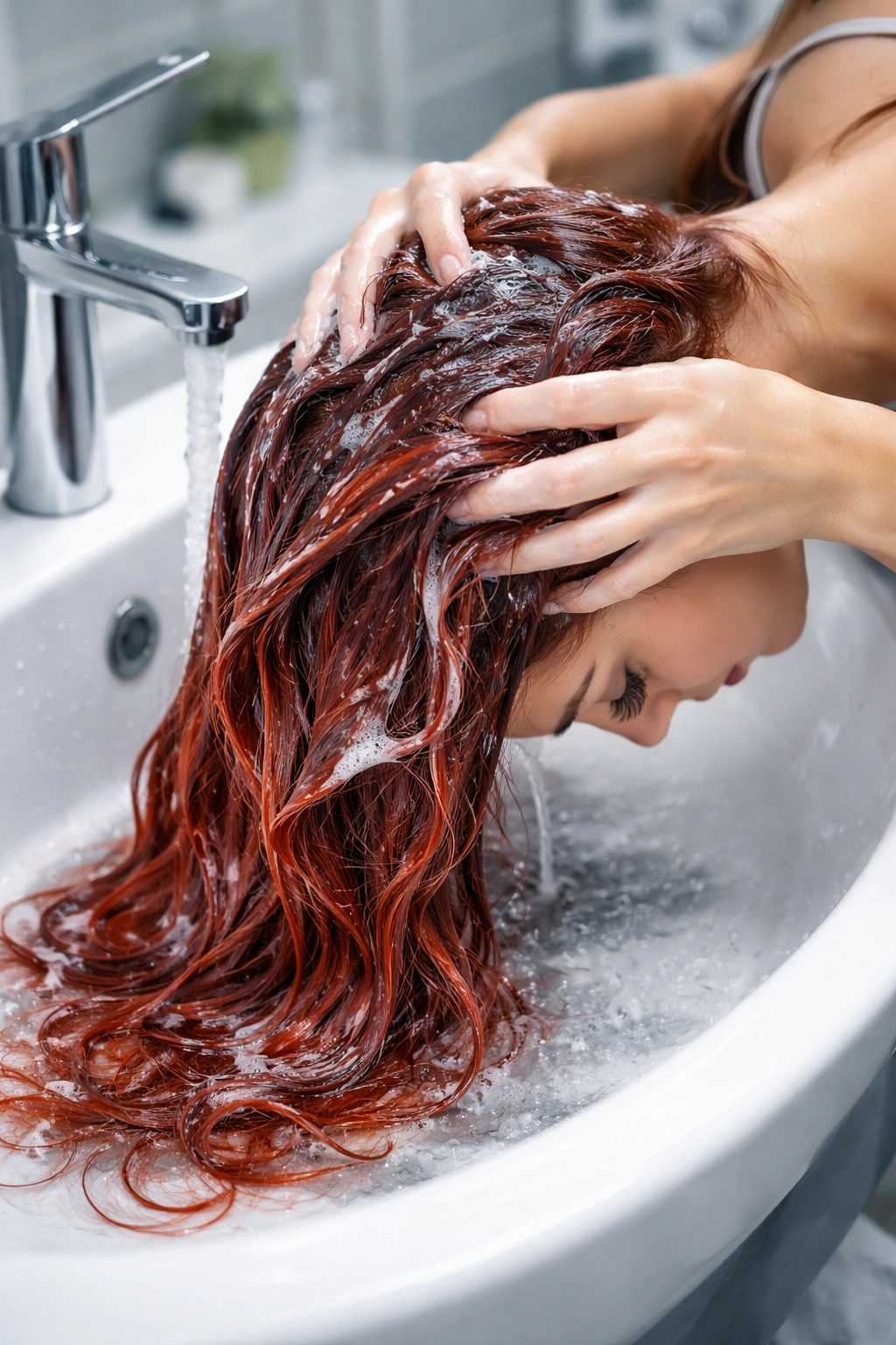 Person washing dyed hair at a sink with cool water in a bright bathroom setting.
