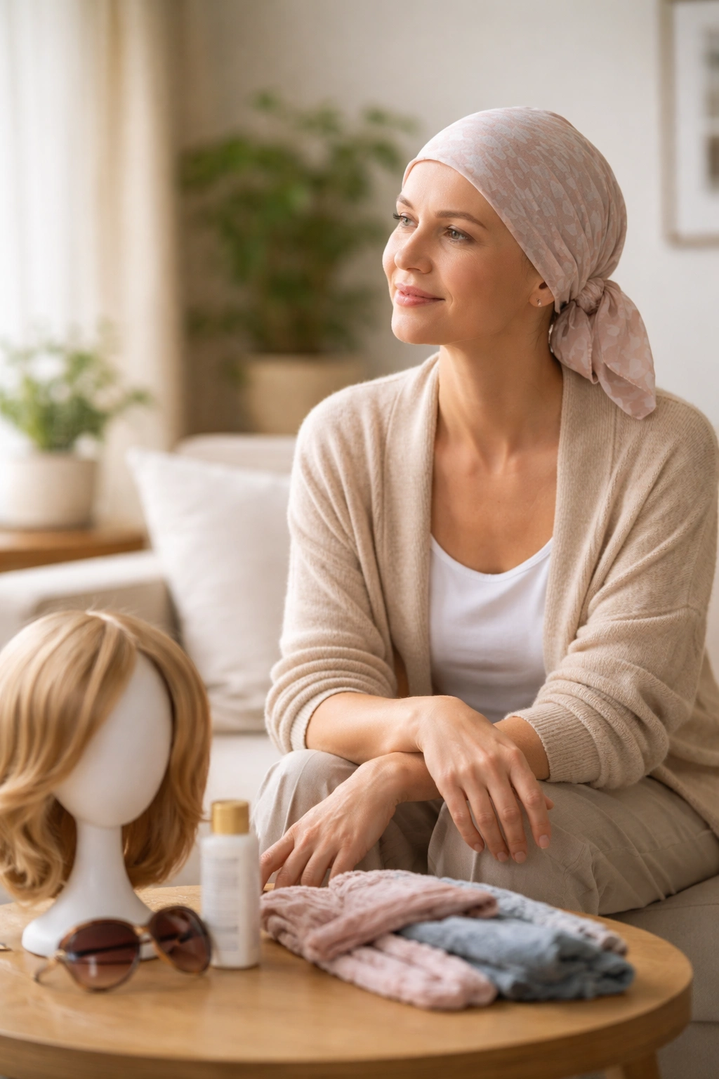Portrait of a person wearing a soft headscarf, conveying coping strategies for hair loss during cancer treatment
