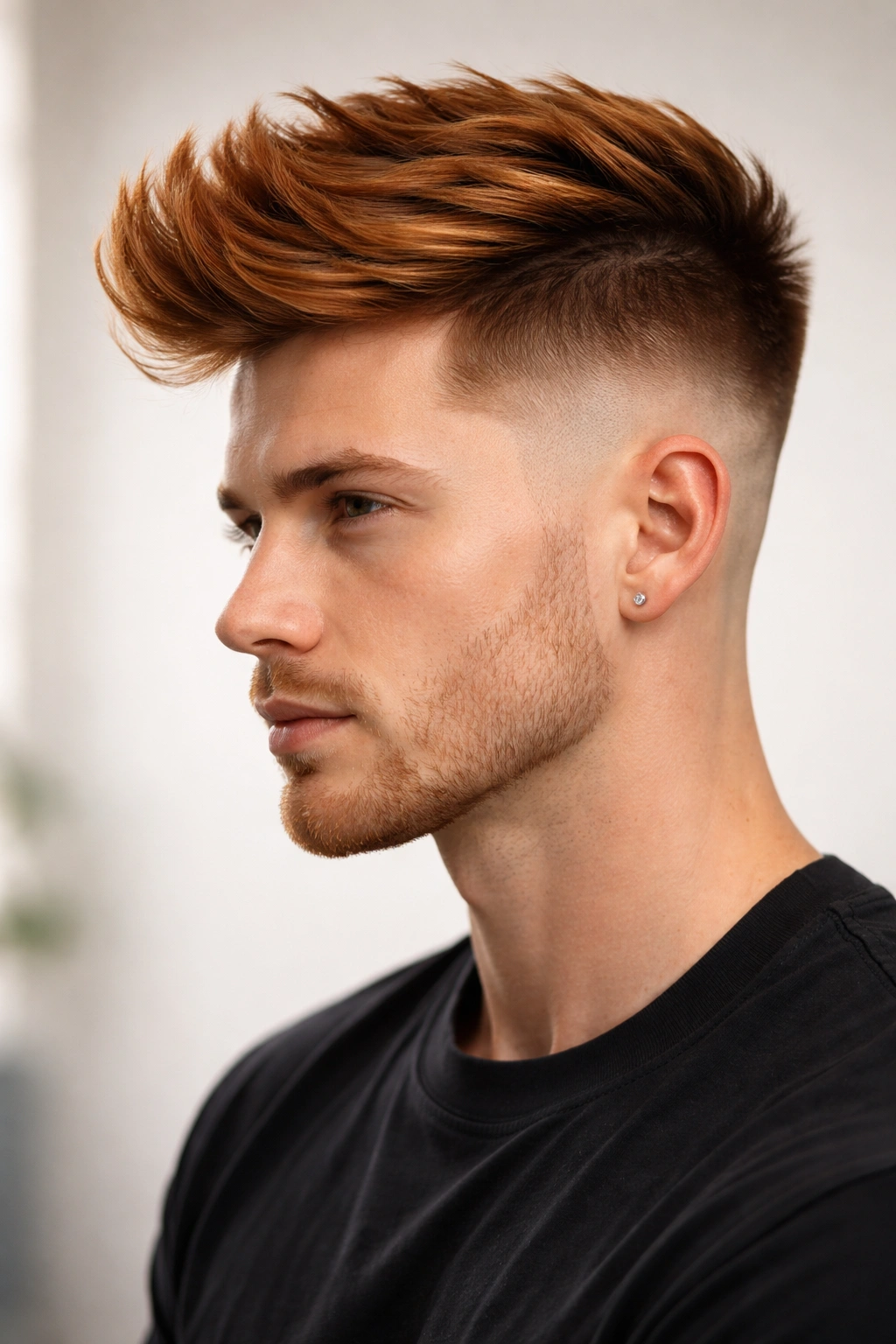 Close-up of copper fade with long top and sharp sides