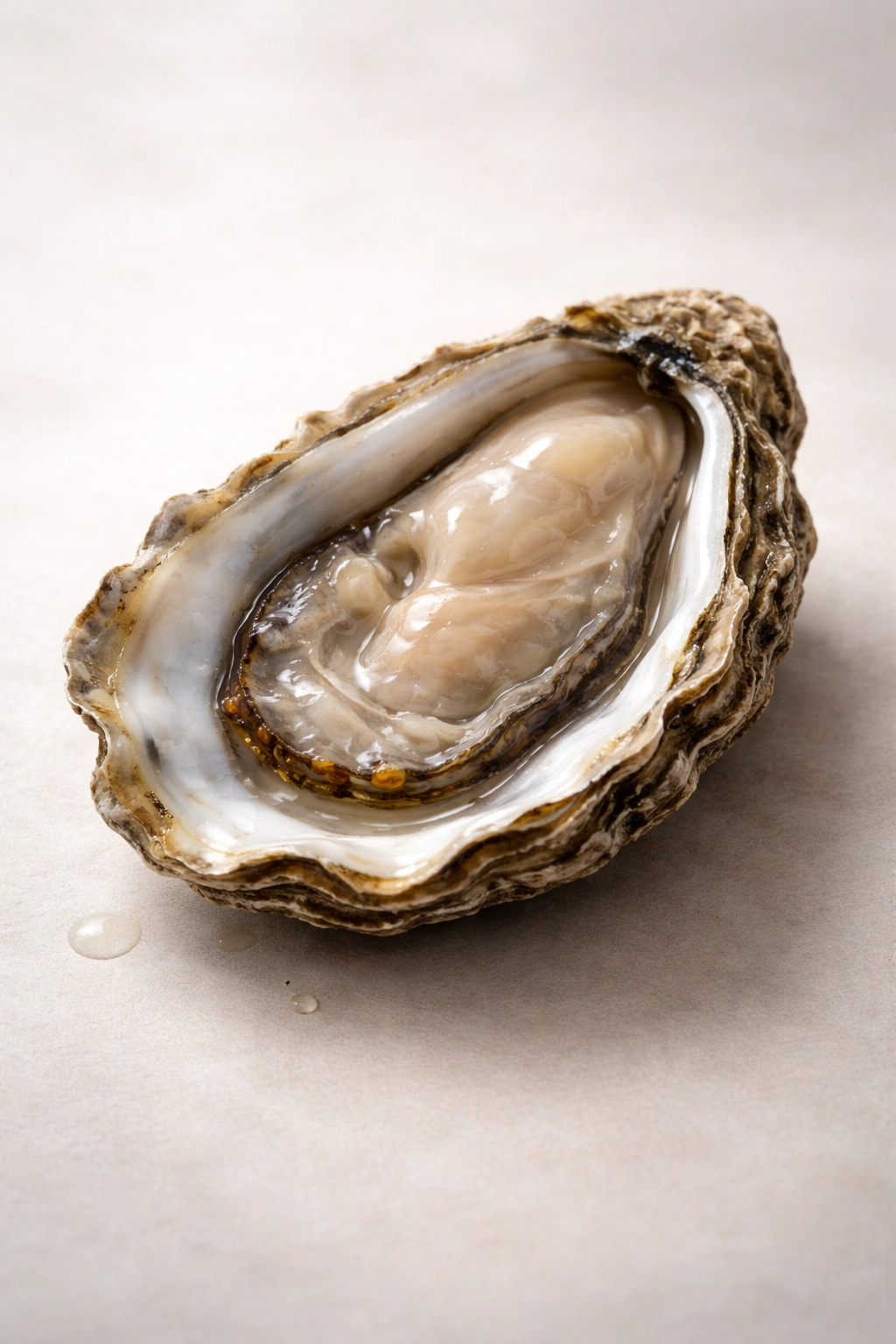 Close-up of a single oyster on a plain background