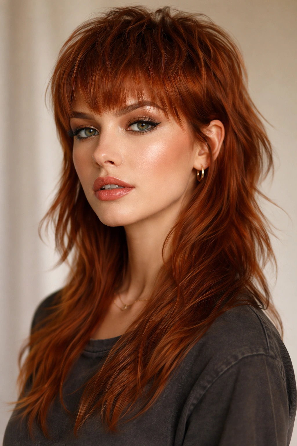 25 Women's Mullet Haircuts You'll Actually Love 27 Copper-toned mullet with warm, rich color across front and back in a studio portrait.