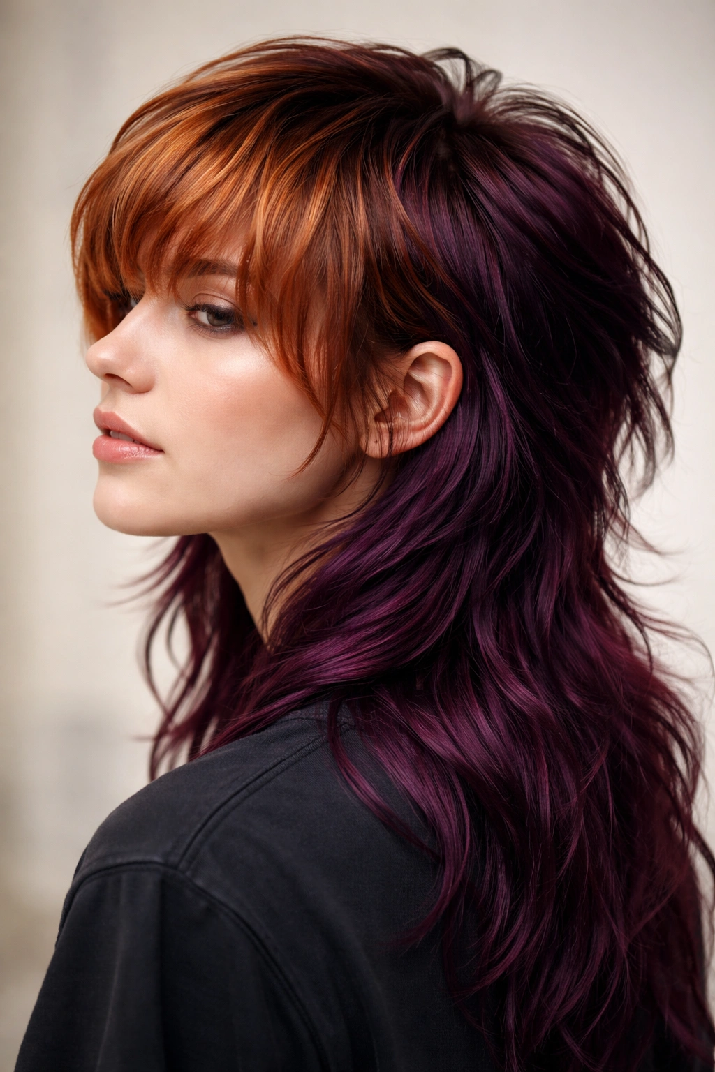 12 Dyed Mullet Haircuts Full Of Personality 8 Close-up of copper penny front and deep plum back mullet with color contrast