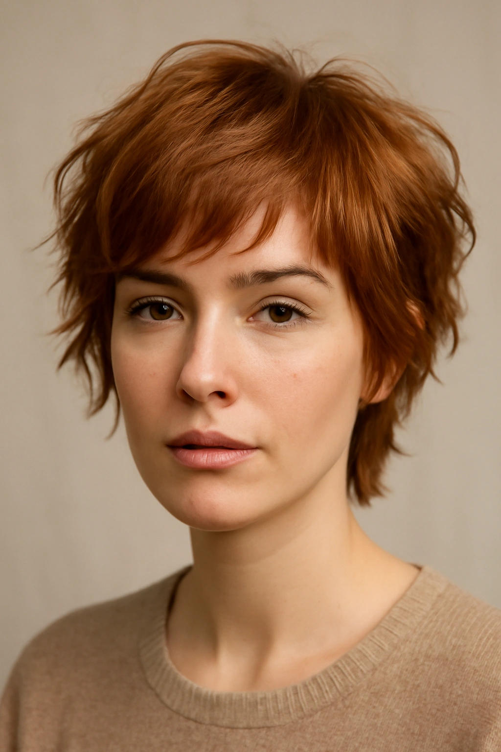 10 Short Copper Haircuts With a Warm Gorgeous Glow 9 Close-up of a grown-out copper pixie with soft, tousled layers and dimensional color.