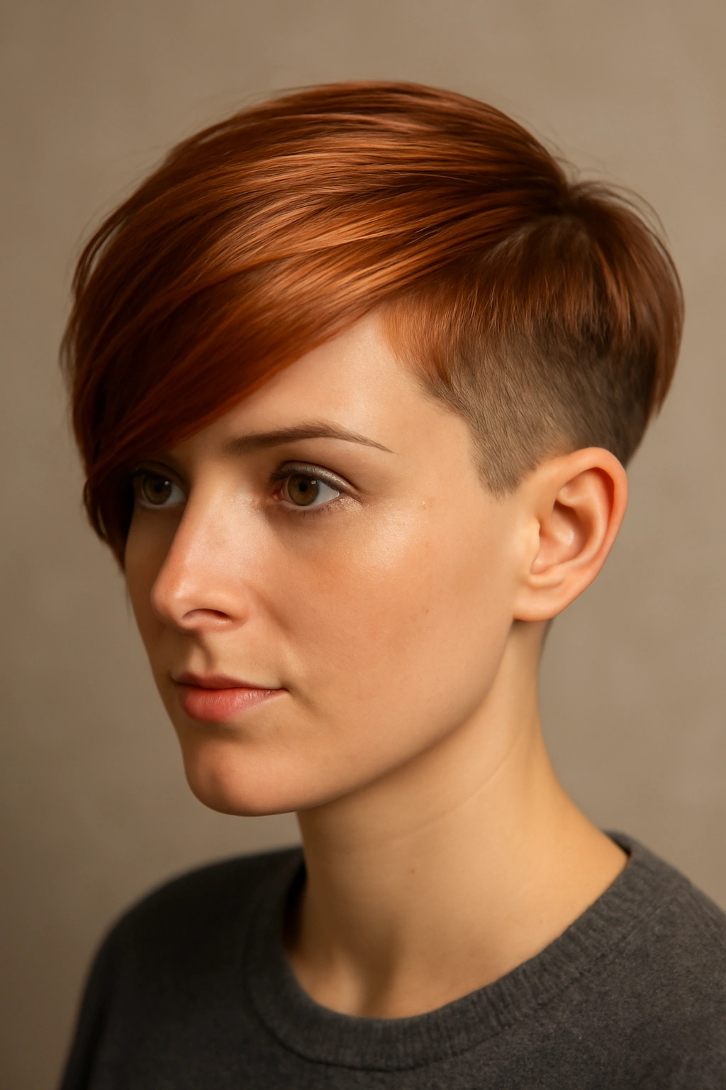10 Short Copper Haircuts With a Warm Gorgeous Glow 11 Side-swept copper undercut pixie with asymmetrical length and shaved undercut.