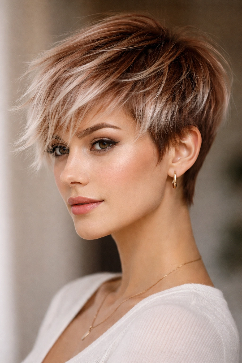 Close-up of a wispy pixie cut with copper-to-platinum ombre