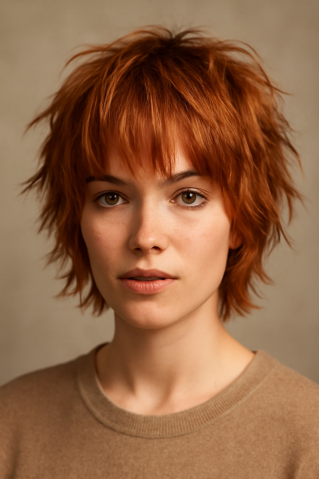 10 Short Copper Haircuts With a Warm Gorgeous Glow 7 Close-up of a short copper shag hairstyle with choppy layers and tousled texture.