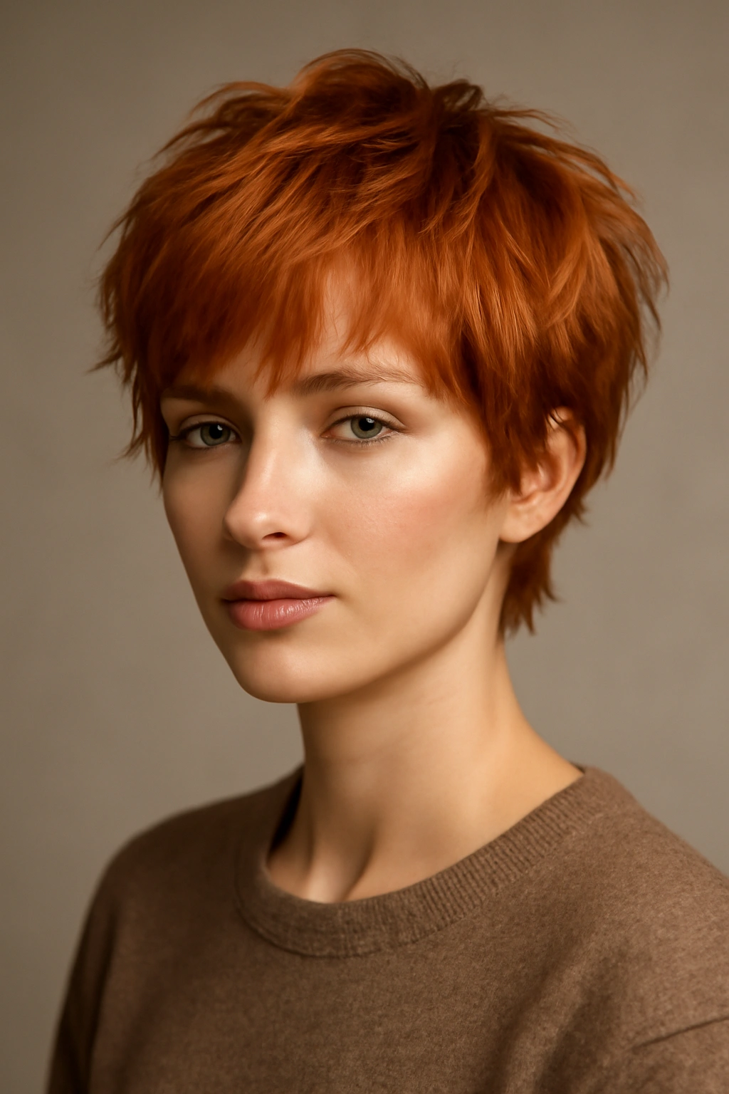 10 Short Copper Haircuts With a Warm Gorgeous Glow 13 Close-up of copper shag pixie blend hairstyle with textured layers and warm highlights