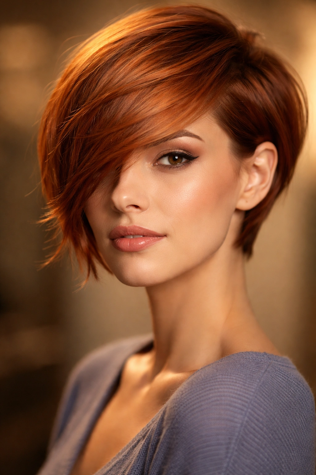 Side view of a copper crop with a longer side swept across the face.