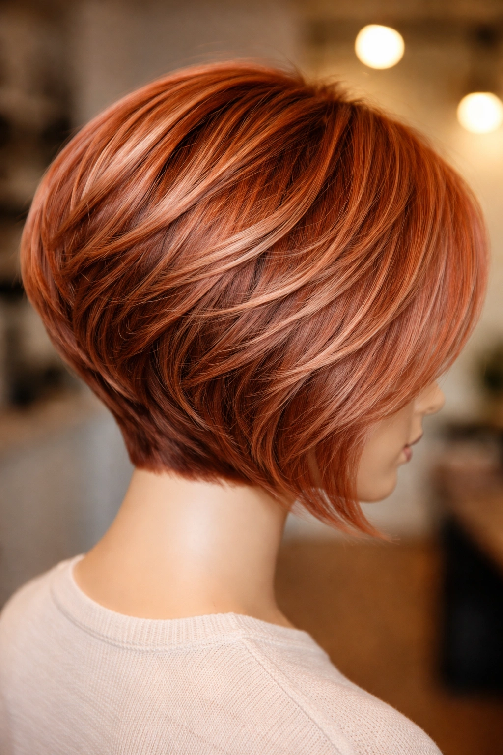 Stacked bob with copper rose-gold tones and textured layers.