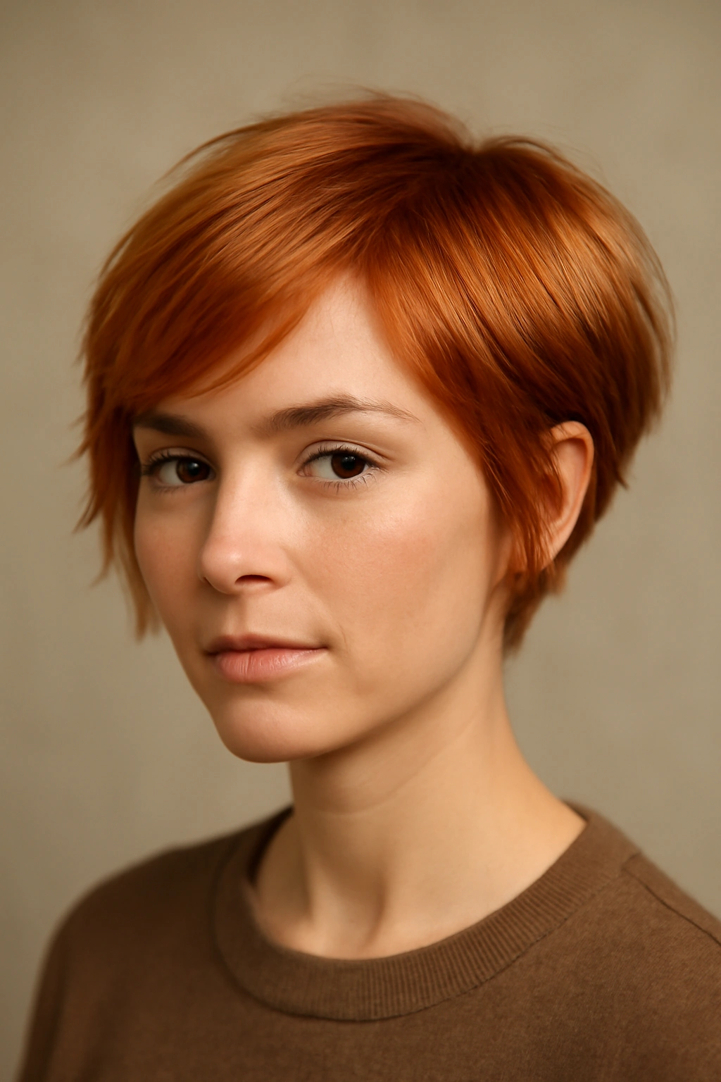 10 Short Copper Haircuts With a Warm Gorgeous Glow 3 Studio portrait of a short copper-toned hairstyle with gradient color.