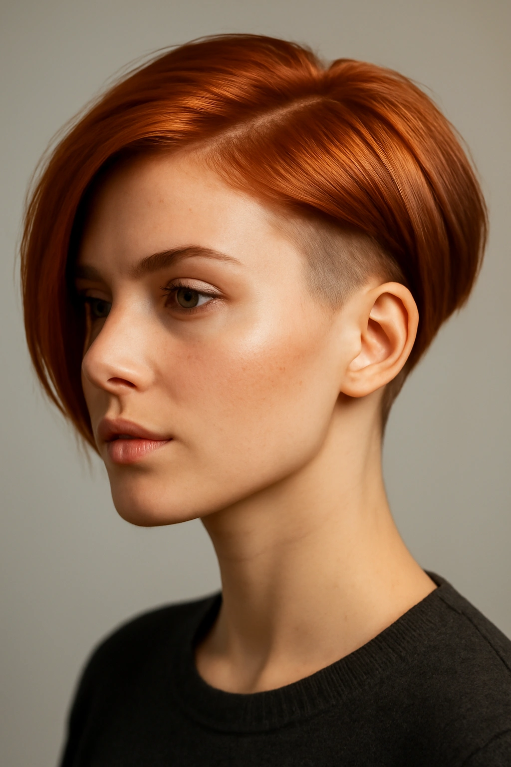 10 Short Copper Haircuts With a Warm Gorgeous Glow 8 Portrait of a copper undercut bob showing very short sides and a longer copper-toned top.