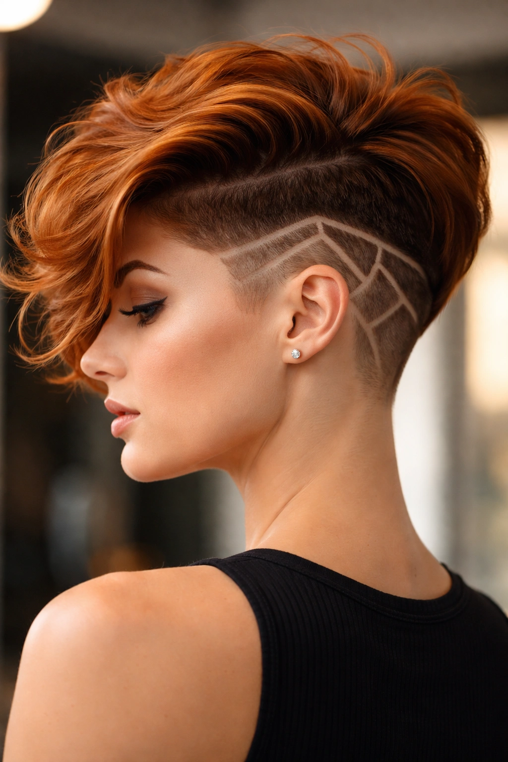 Back/side view of a copper undercut with a visible geometric design and voluminous top.
