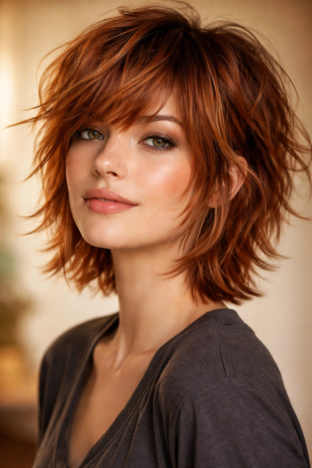 Short shag hairstyle in copper warm tones with dimensional highlights.